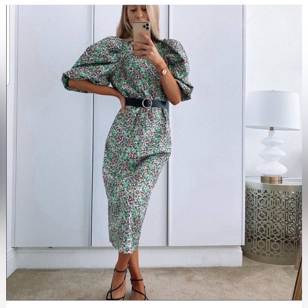 H&M Floral Puff Sleeve Midi Dress
